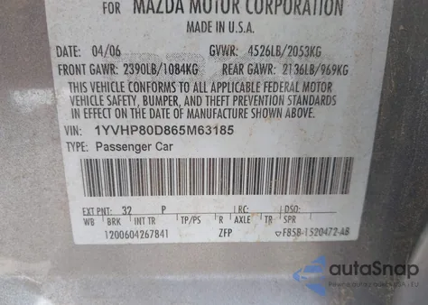 2006 Mazda Mazda6 S z USA, uszkodzony, nr VIN 1YVHP80D865M63185